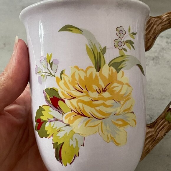 April Cornell Silvestri Vintage Set of Two Mugs Yellow Floral Faux Bois Handles - Picture 3 of 10